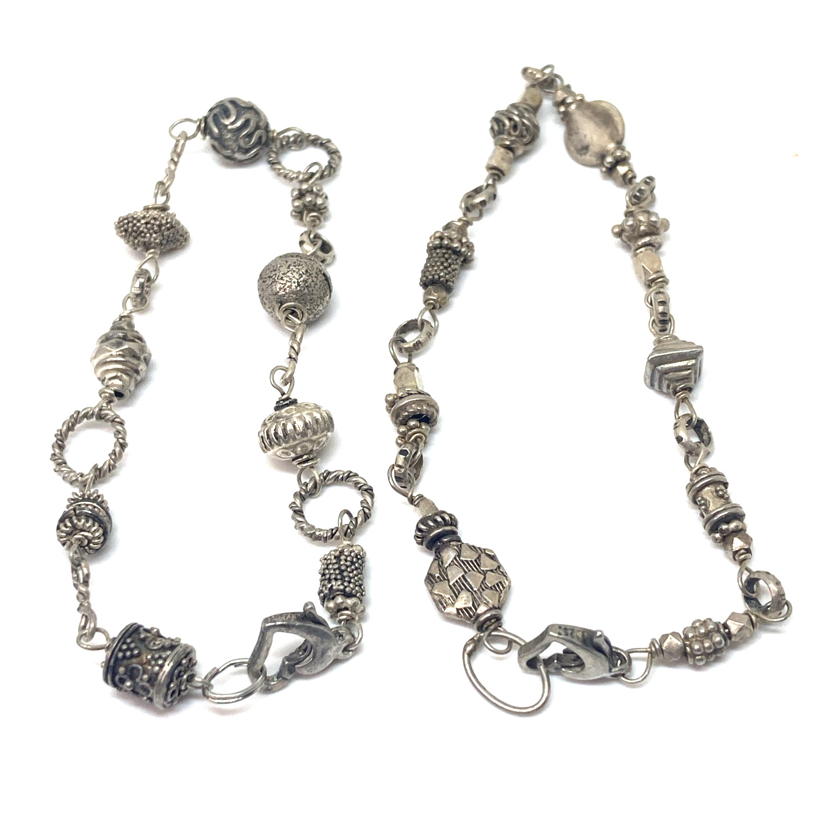 2 X 925 Sterling Silver Bali Beads Bracelets W Heart Clasp 8" & 7.5"