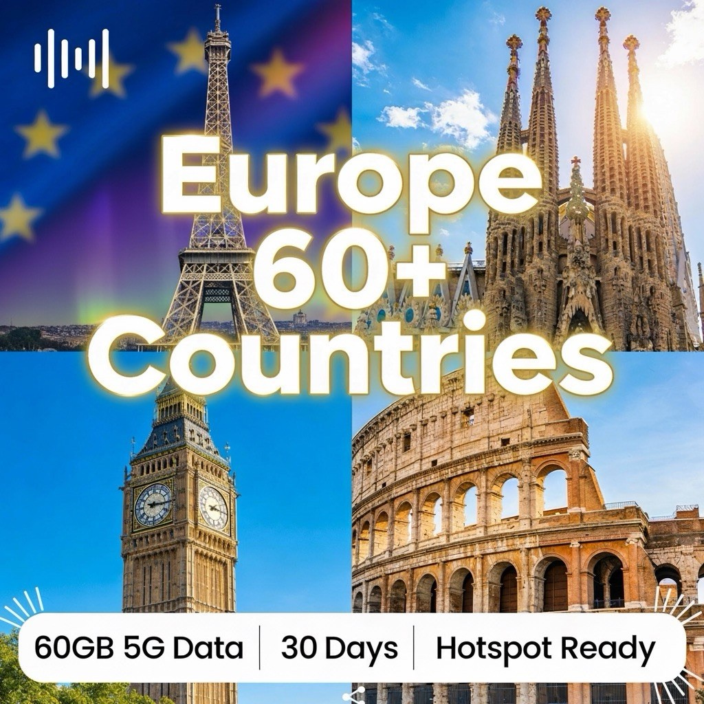 Europe 60+ Countries 60GB/30 Days eSIM - Max Data Hotspot 5G $42.99 Best Offer!