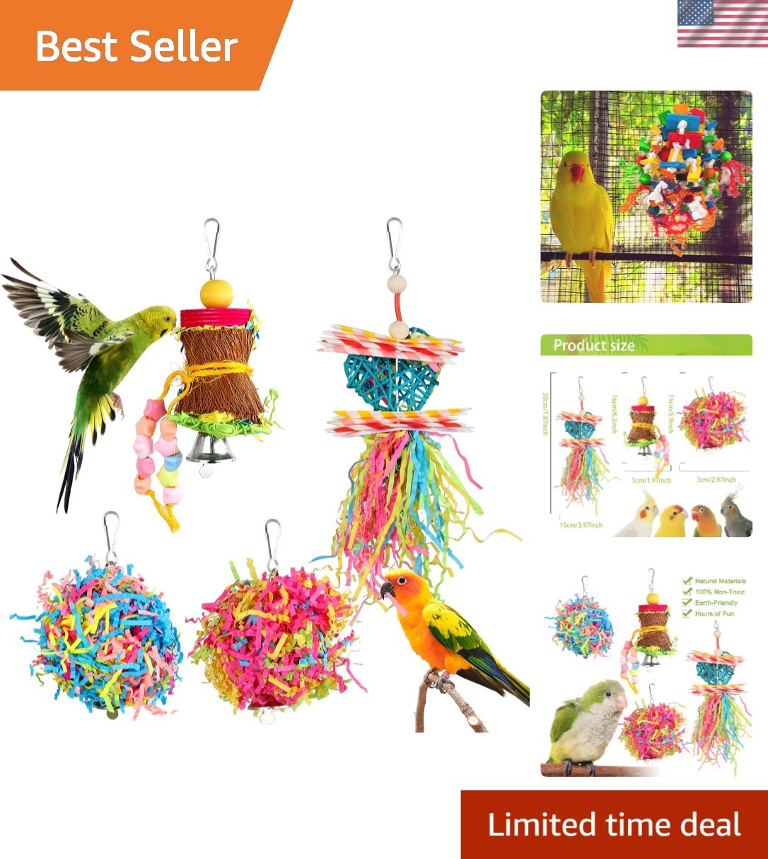 Chewing and Foraging Toy Set for Parakeets & Cockatiels - 4 Pack of Fun