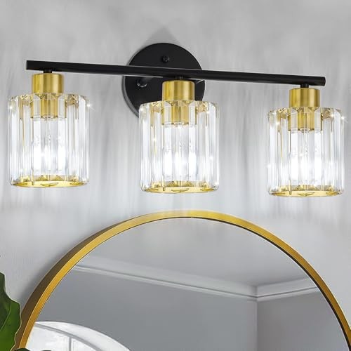 Crystal Bathroom Light Fixtures, Bathroom Lighting Fixtures 3-Light Black Gold