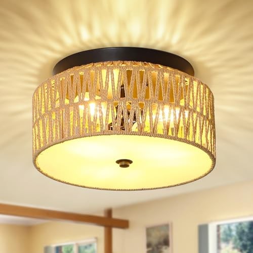 12.6” Boho Rattan Ceiling Light, 3-Lights Modern Farmhouse Drum Semi Flush 