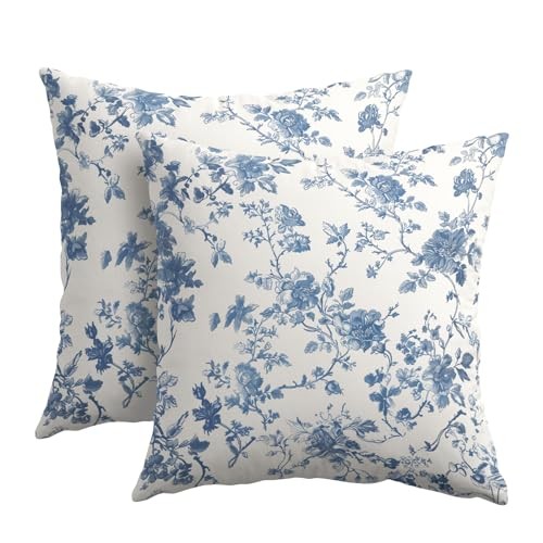  Floral Pillow Covers 16x16 Inch Set of 2 and Cream 16" x 16" (Pack of 2) Blue