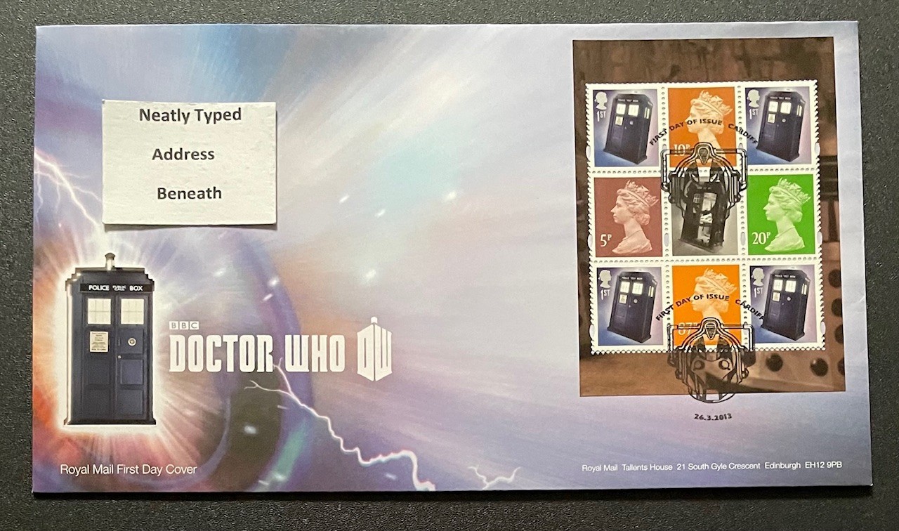 2013 Dr. Who DY6 Prestige Booklet Pane RM FDC. With Cardiff Special Handstamp.