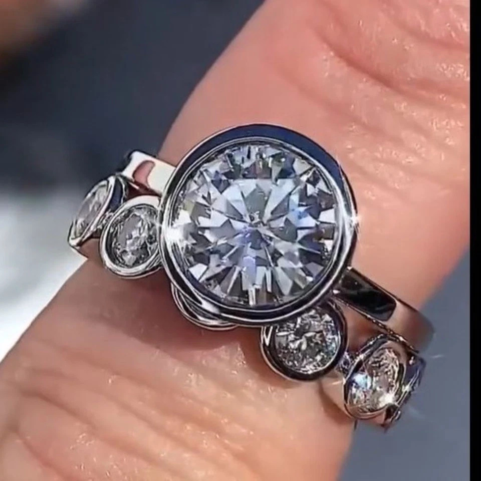 3.00 Ct Round-Cut EF/VS1 Lab Grown Diamond Bezel Bridal Ring Set 14k White Gold