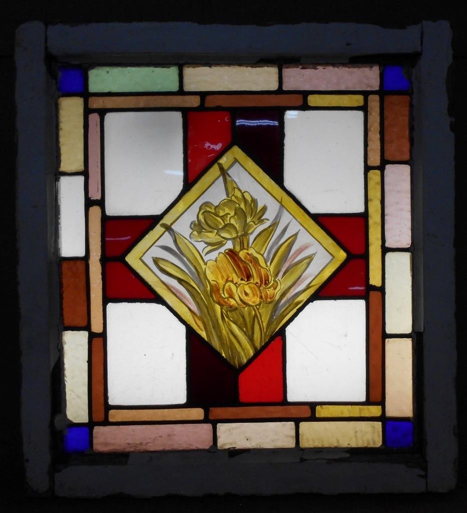 Victorian Hand Painted Flowers Stained Glass from mid 1800's 18.75" x 20"