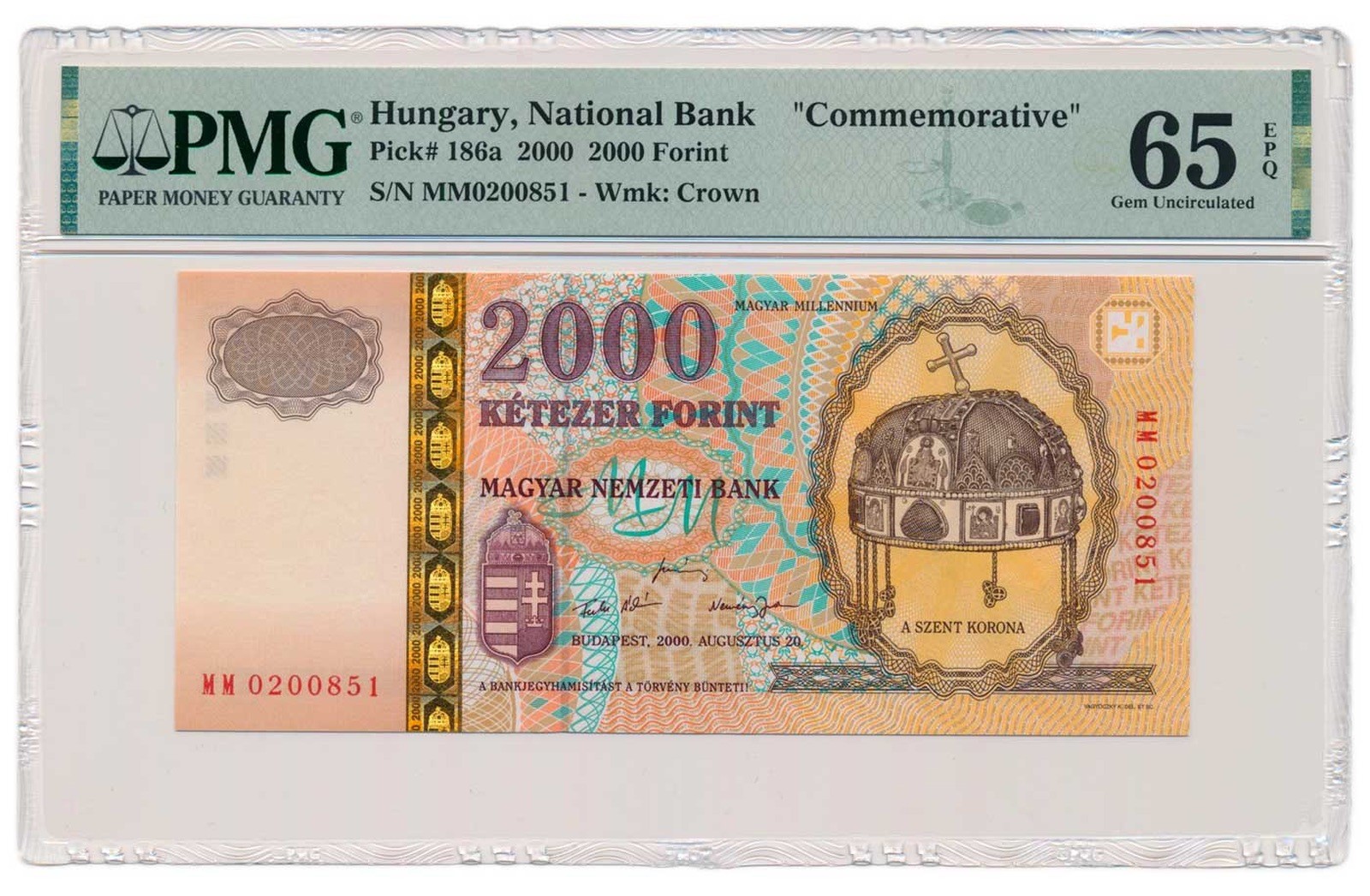 HUNGARY banknote 2000 Forint 2000 PMG MS 65 EPQ Gem Uncirculated