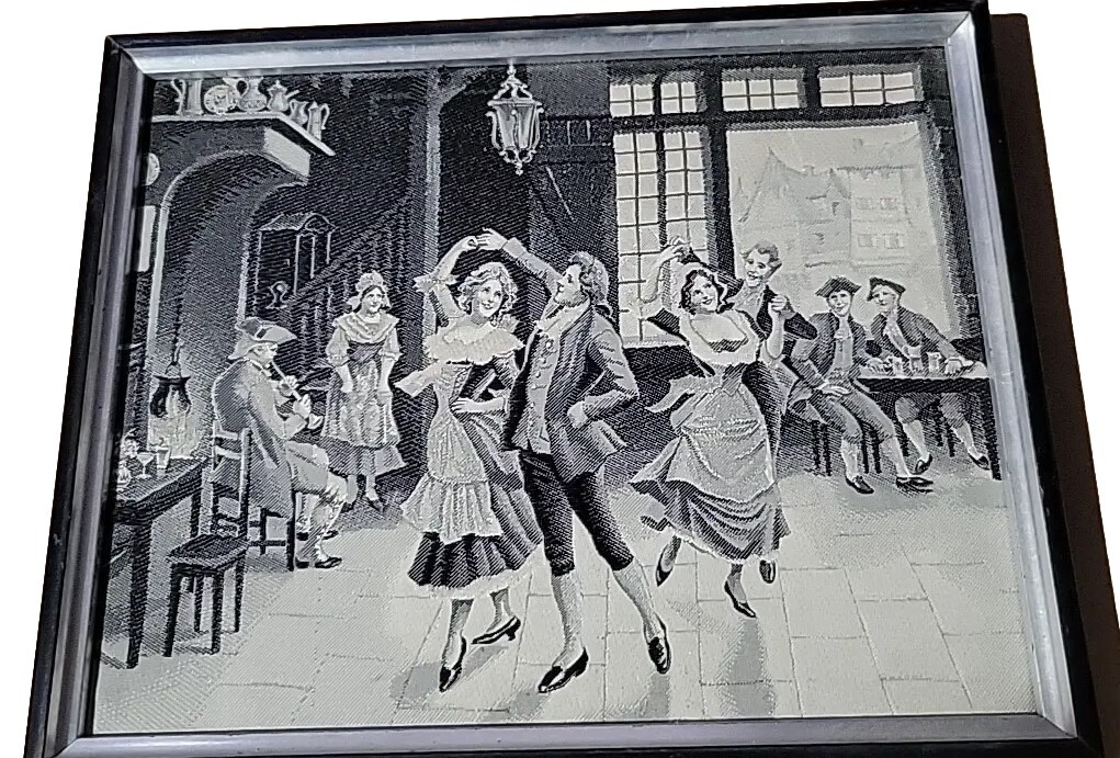 Mini Silk Tapestry Stevengraph Neyret Freres  Danse Villageoise 6.5x8in Framed 