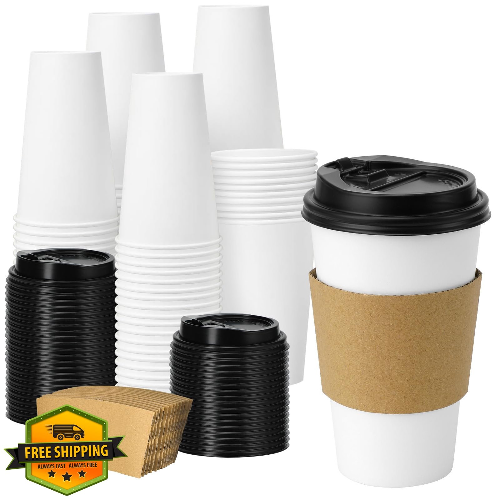 Clawsoff 50pc 16oz Coffee Cups with Lids Sleeves White Paper Hot/Cold