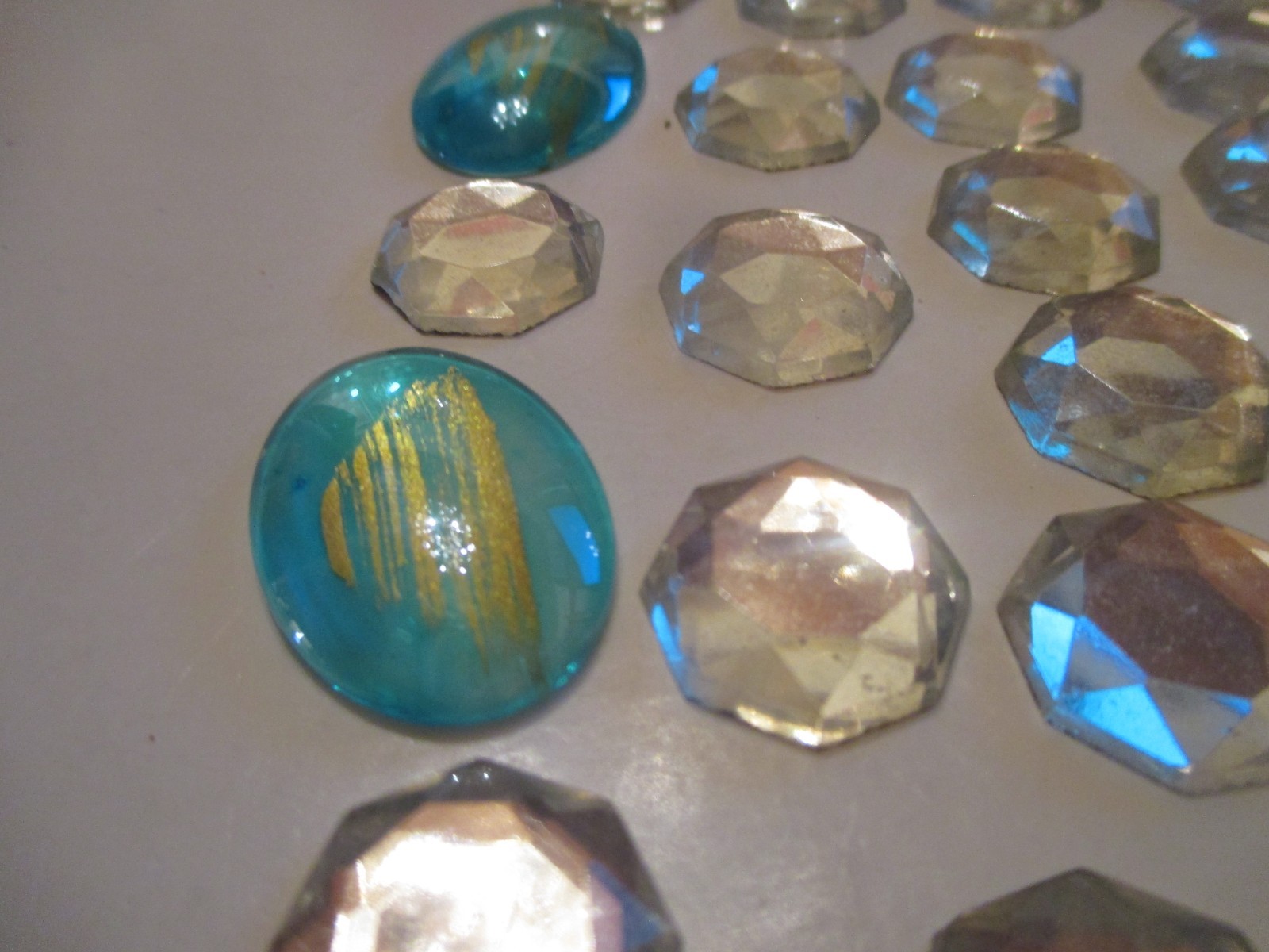 CZECH AQUA & GOLD CABACHONS AND CZECH FACETED EDGED GLASS/CRYSTAL RHINESTONES