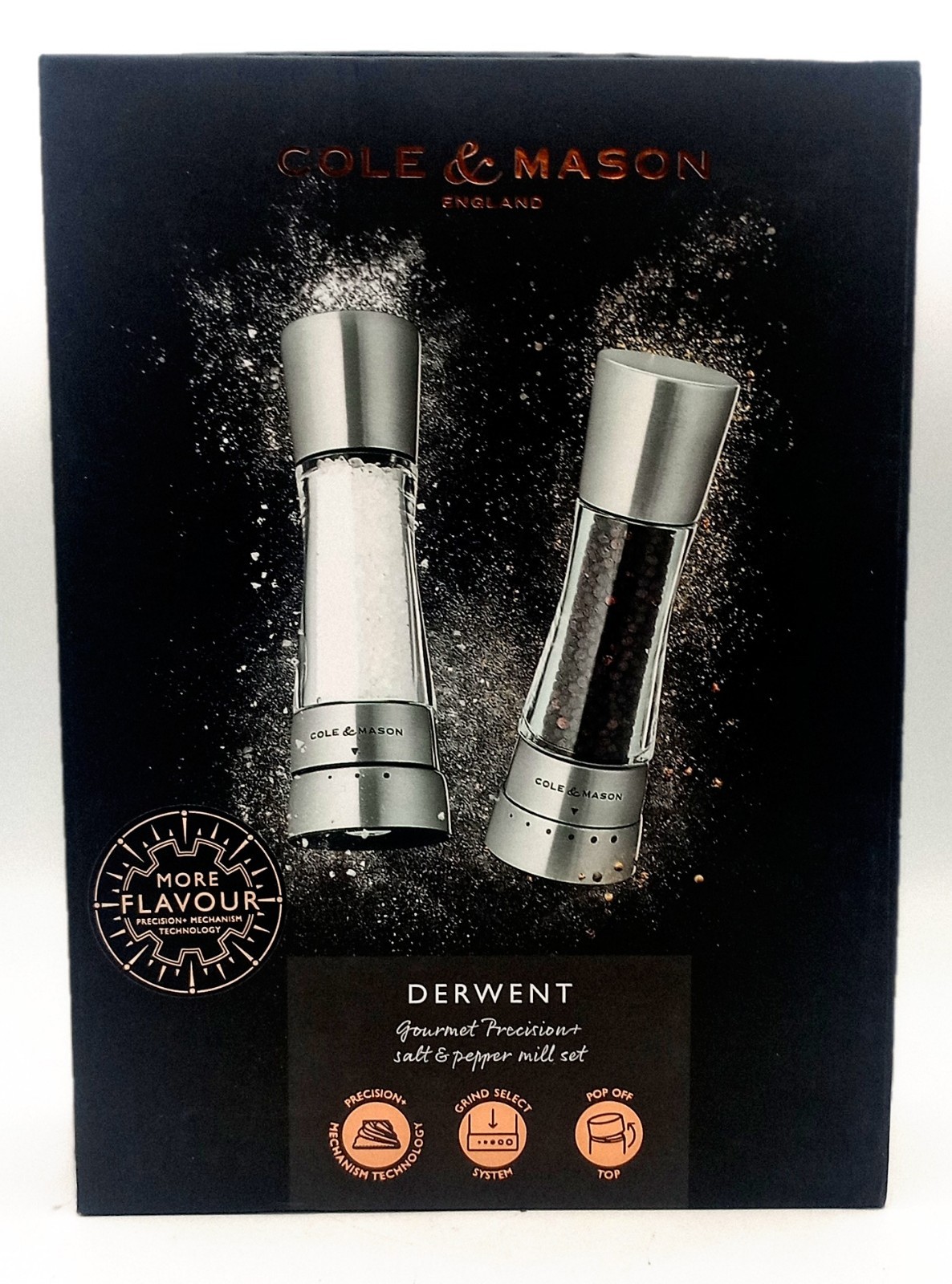 Cole & Mason Derwent Salt & Pepper Mills Set, Silver 7" New Open Box