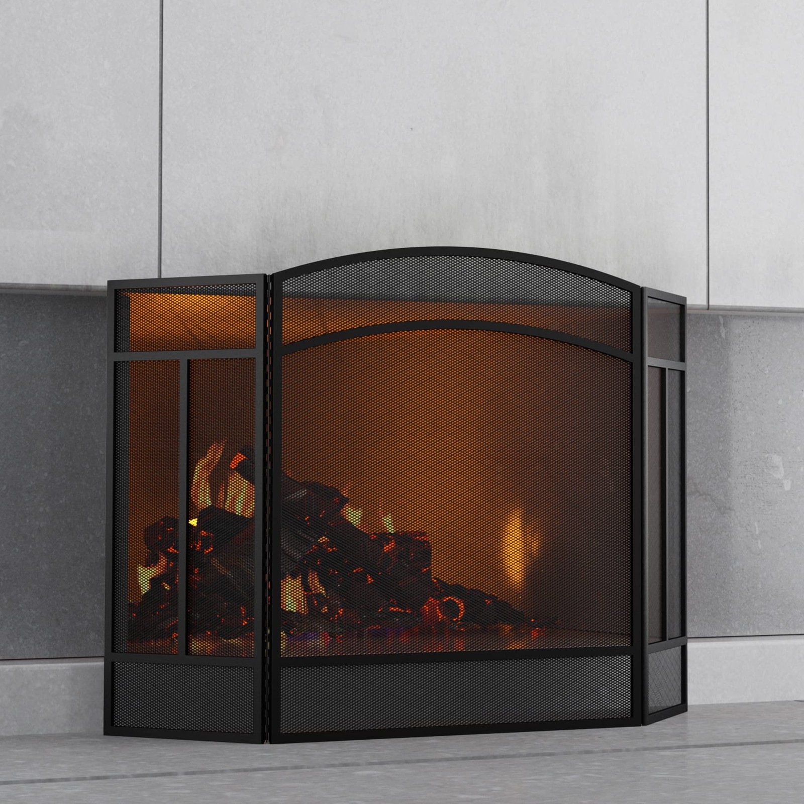 Fire Beauty Fireplace Screen 3 Panel Wrought Iron 48"(L) x Black, Black 