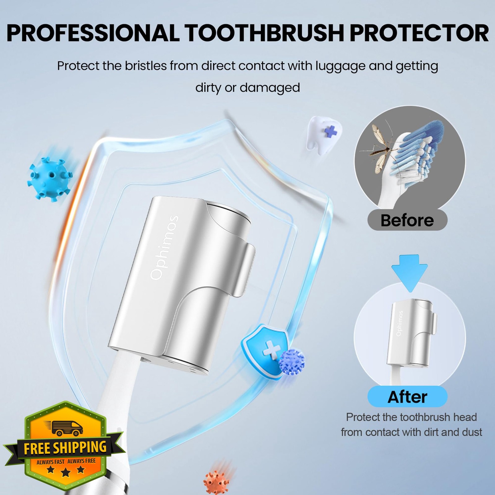 Ophimos 2pk Toothbrush Head Cover Aluminum Silver Blue Travel Cap Protector