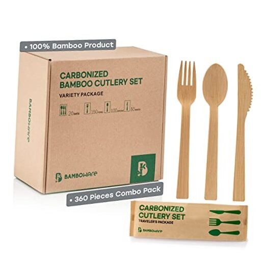 100% Bamboo Utensils - 360PCS Combo Pack Carbonized Disposable Variety Package
