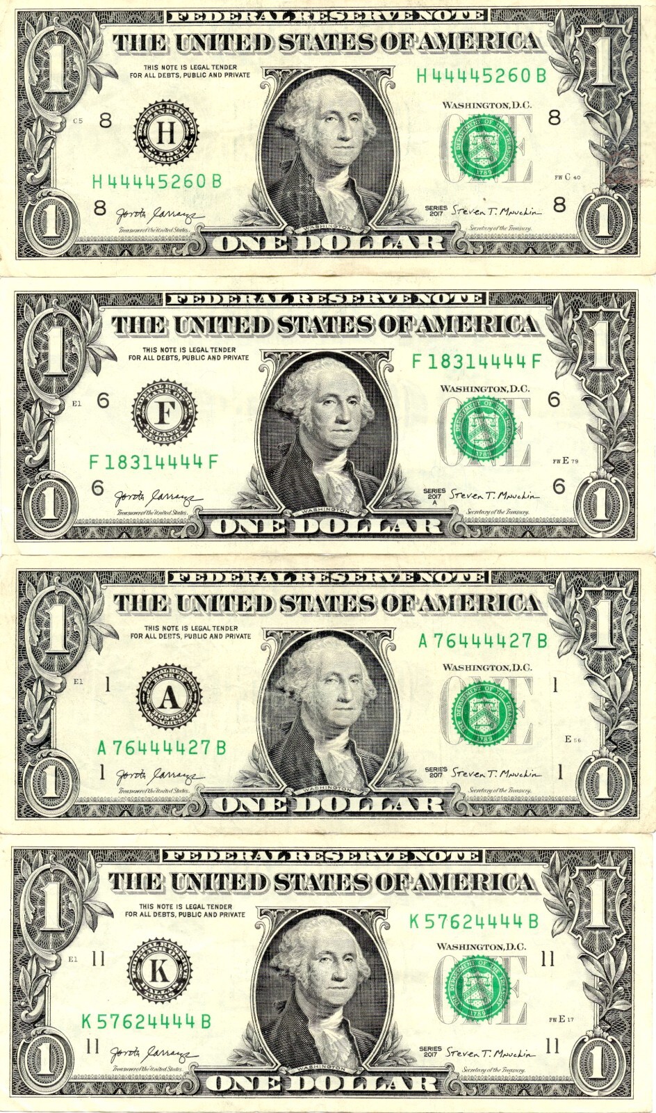 Four in a Row 4s Fancy Serial Number One Dollar Bill Lot of 4 Notes