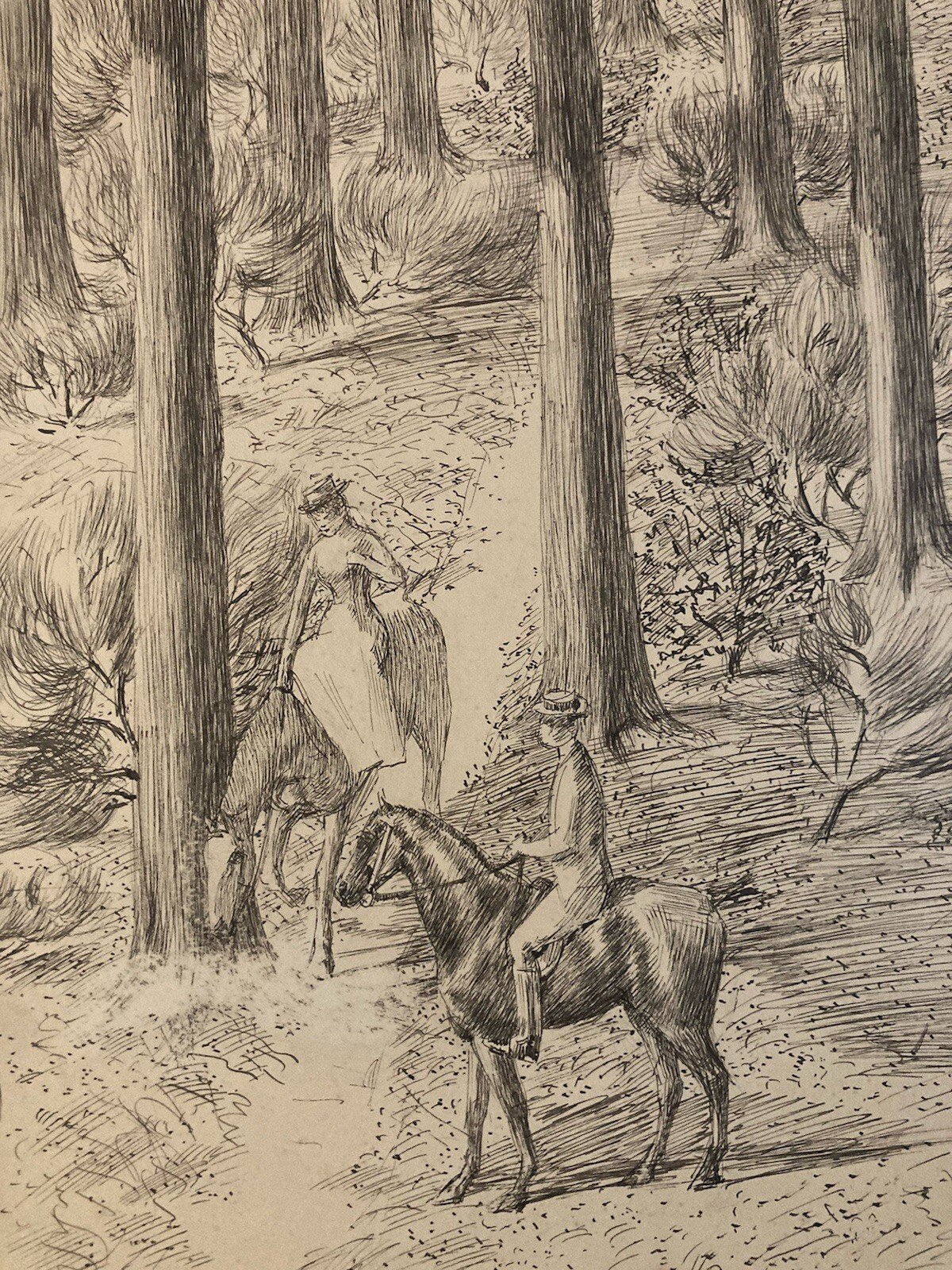 Très Beau Dessin Ancien Encre Cheval Forêt Chevaux Personnage XIXe A Identifier