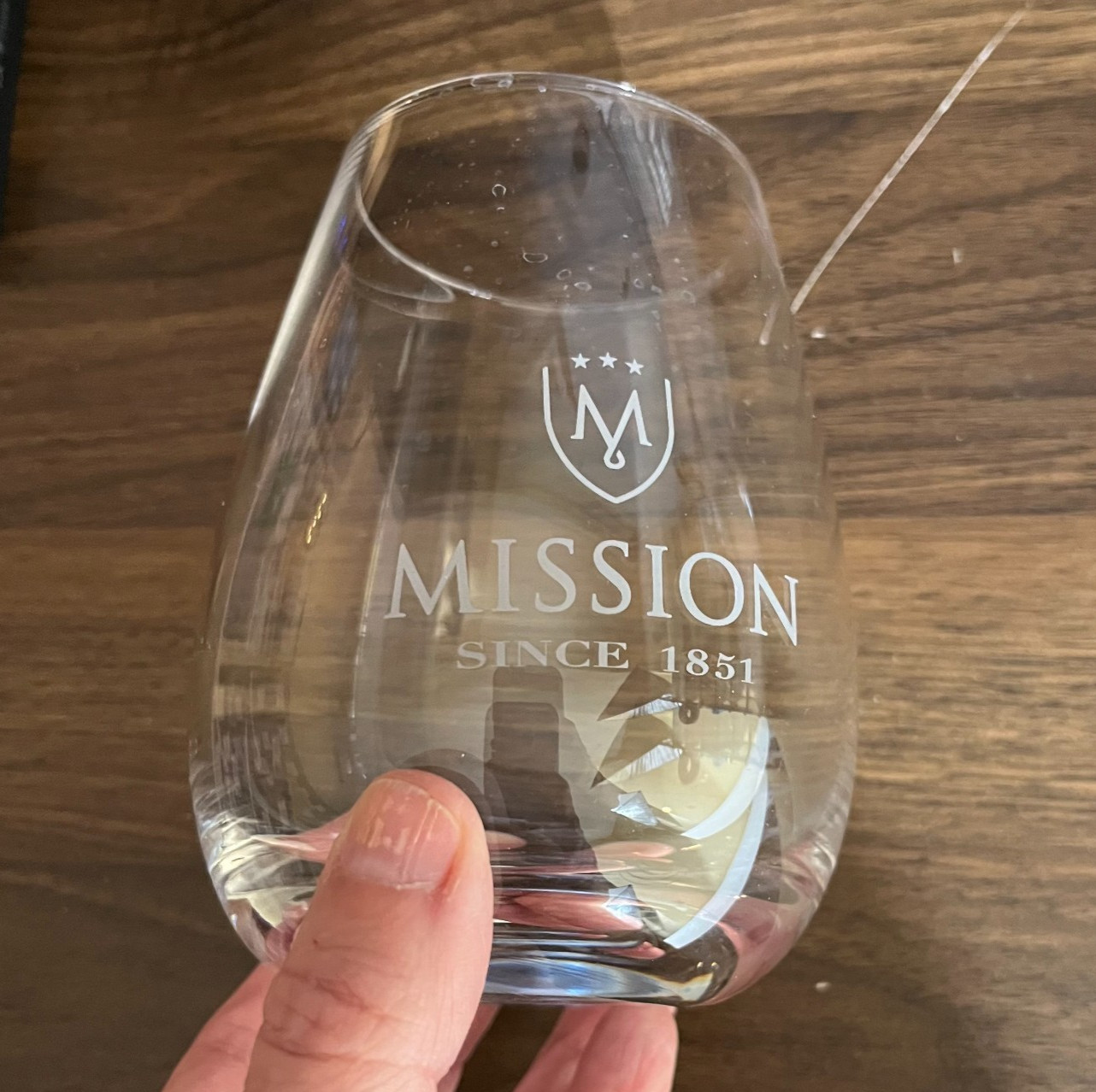 Mission Estate Winery Stemless Wine Glass 1851 Logo Minimalist Barware 5 inch