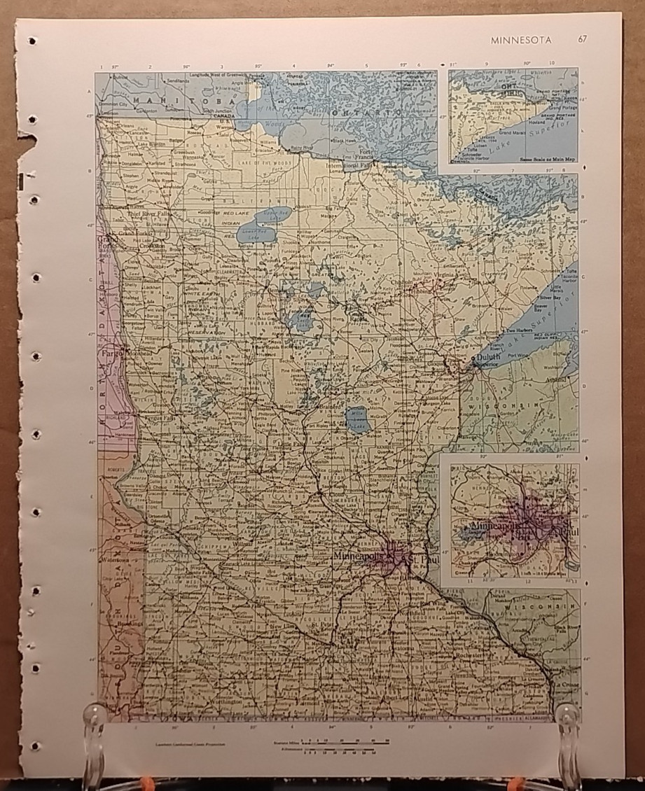 1966 Vintage MINNESOTA Authentic Old MCM Atlas Map - Rand McNally World Atlas