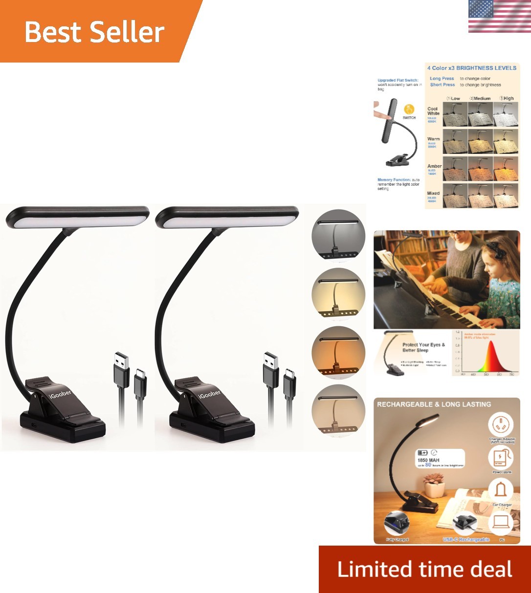 Adjustable Music Stand Lights - 4 Color Options & Touch Control for Musicians