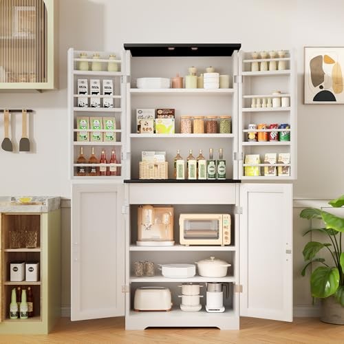  Kitchen Pantry Cabinet, Freestanding Farmhouse 1 Drawer & 8 Door Shelves White