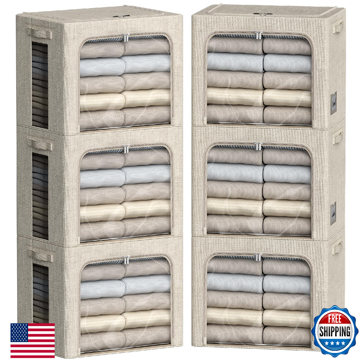 FHSQX 6 Pack Foldable Clothes Storage Bins, Metal Frame, Linen Fabric, Clear Win