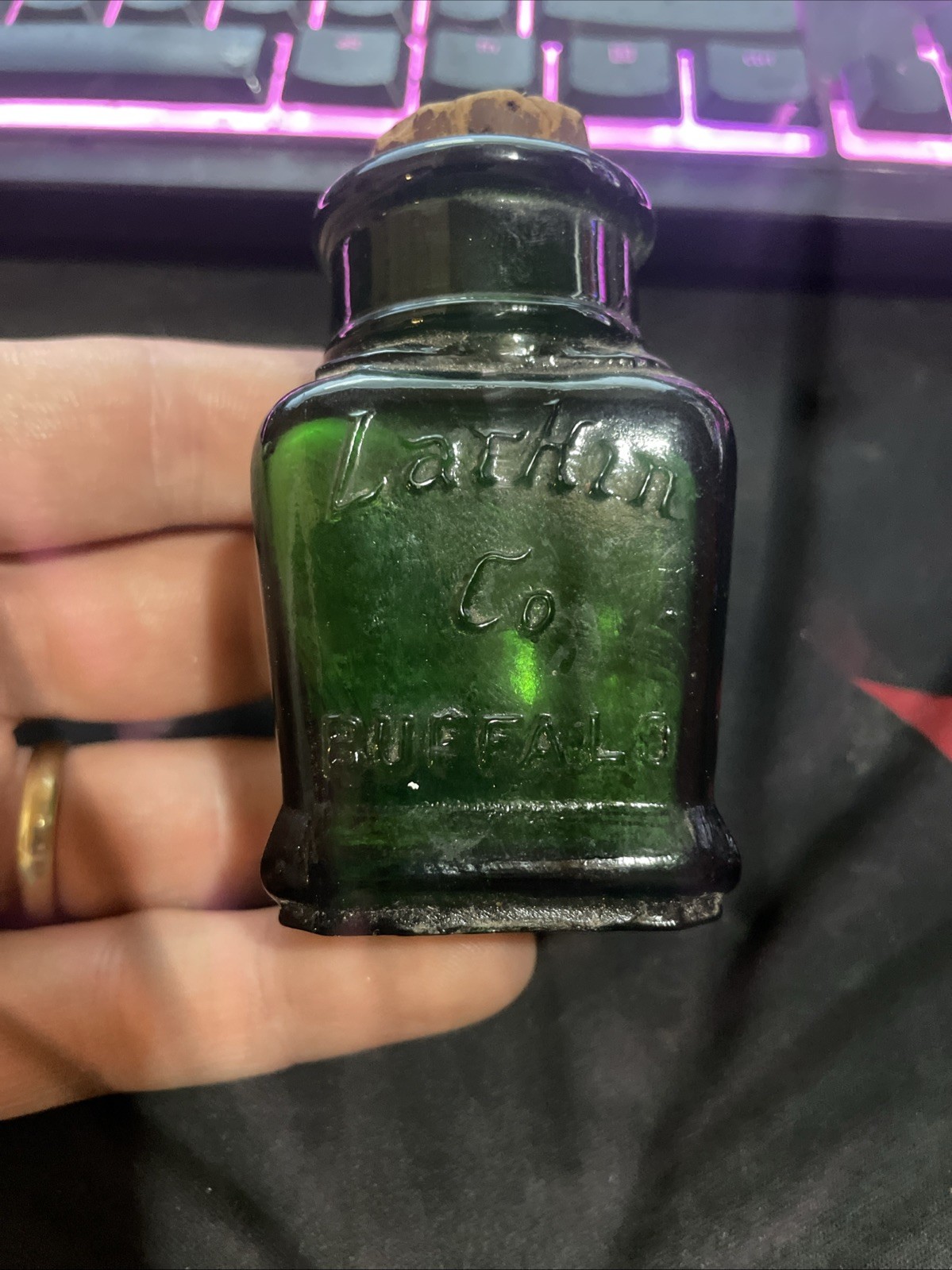 Vintage Handblown Emerald Green Embossed Larkin Co. Buffalo NY Bottle W/CORK