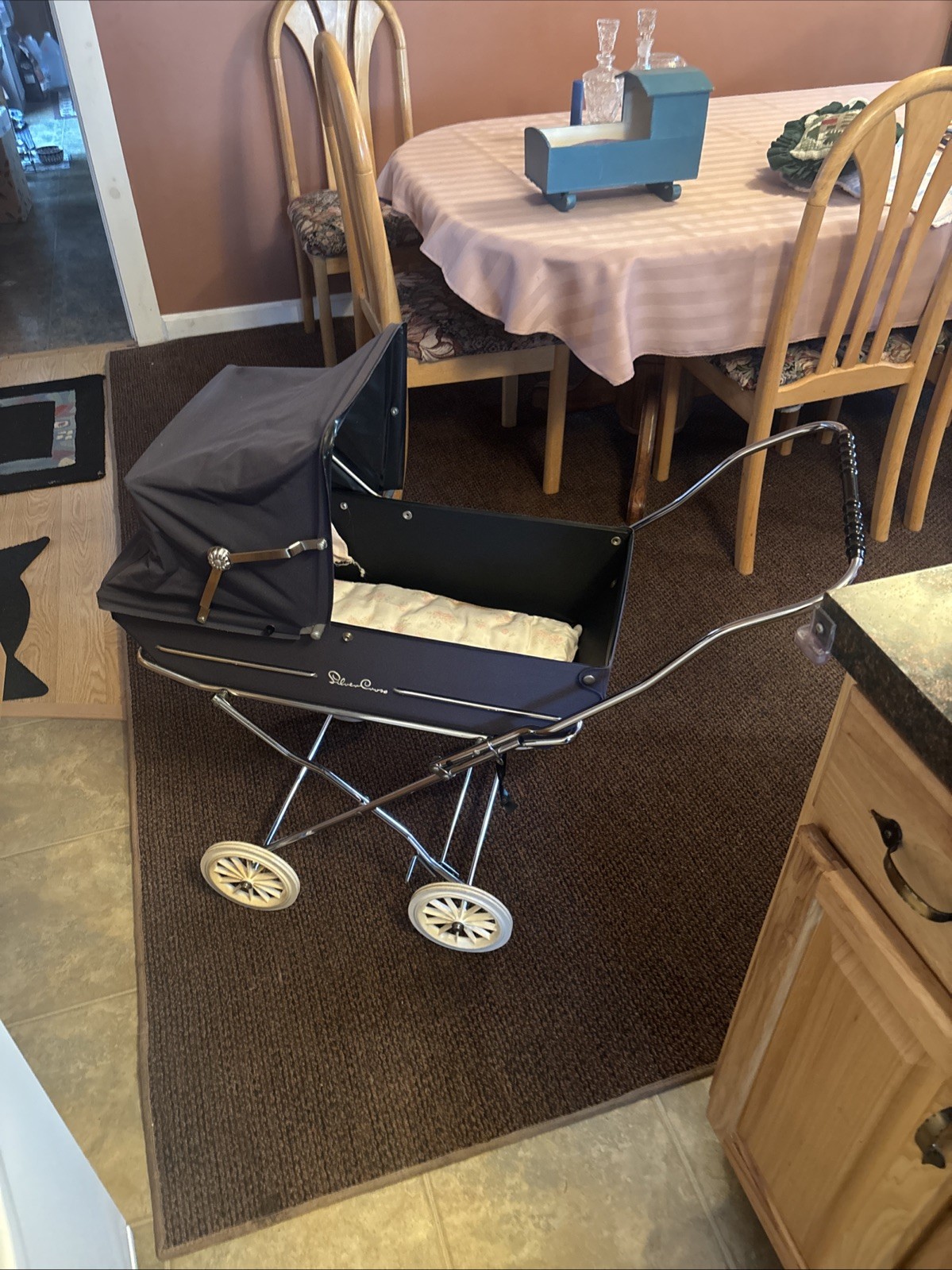 Vintage Antique Silver Cross Baby Carriage/Pram Navy Blue Rare 70s?