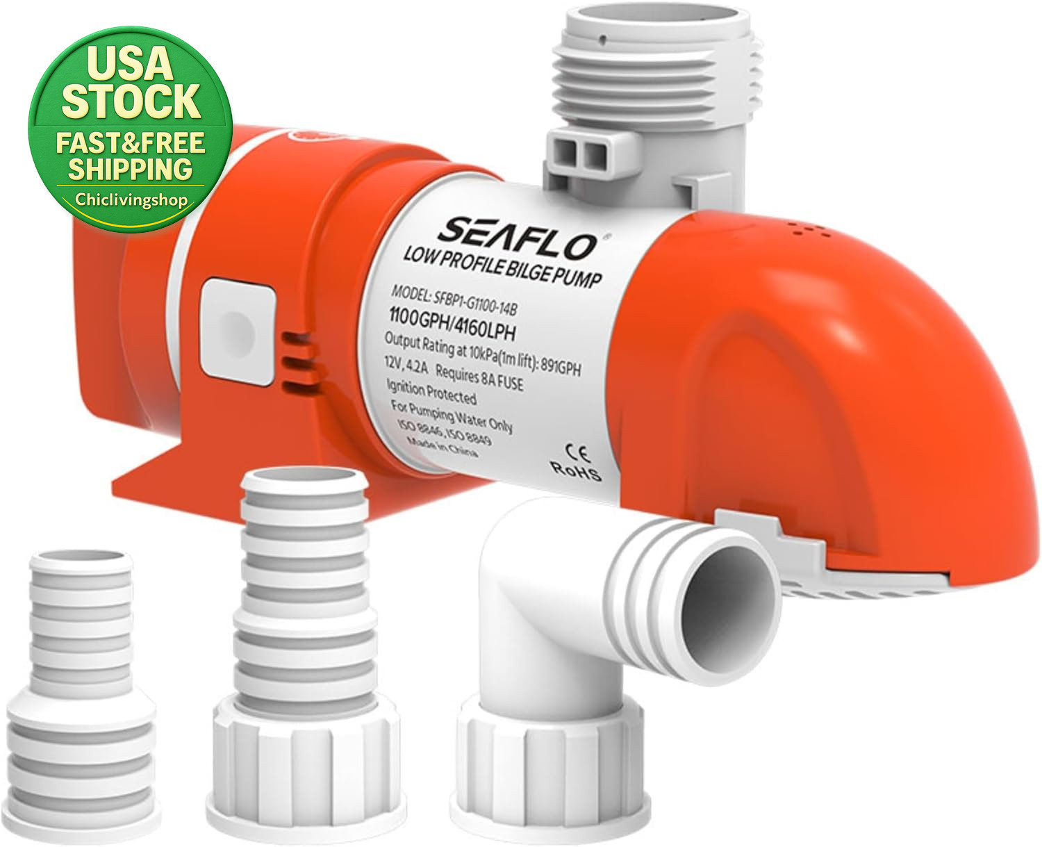 14B Series 12V Bilge Pump 1100 GPH Automatic Low Profile Strainer