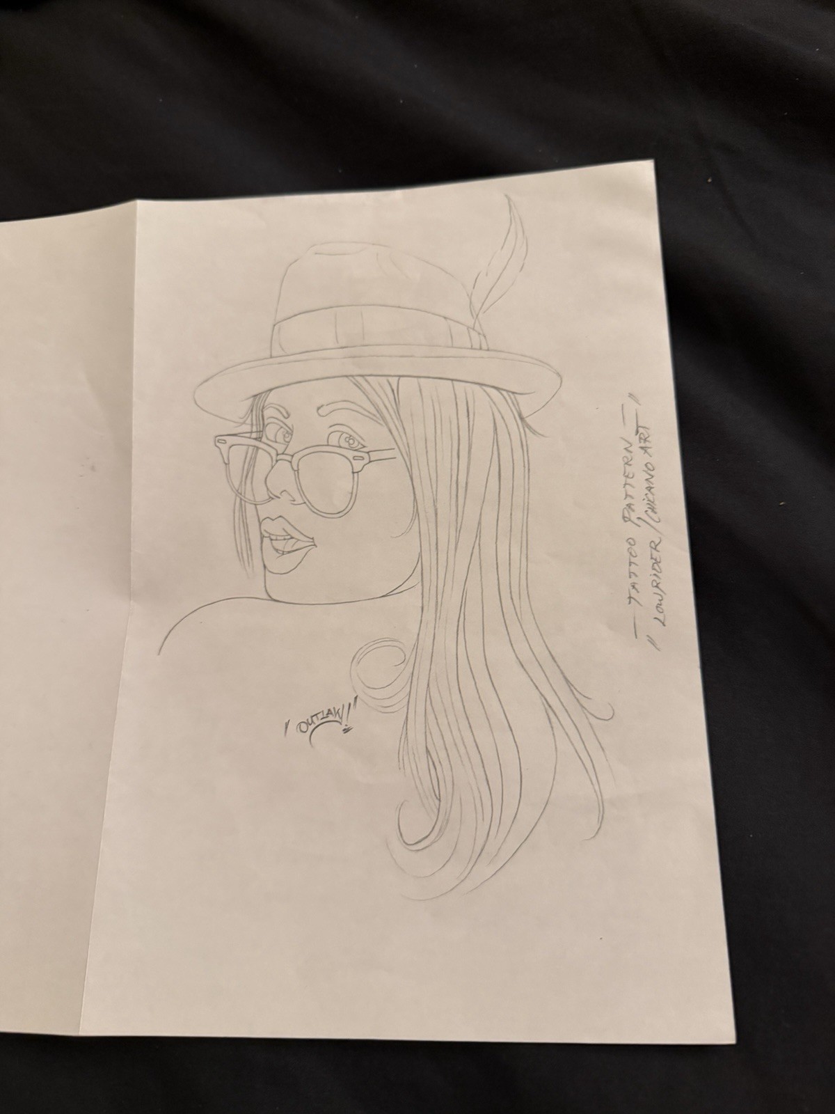 Original Pencil Drawing "Outlaw" - Lowrider Chicano Art Woman Hat Glasses Feath…