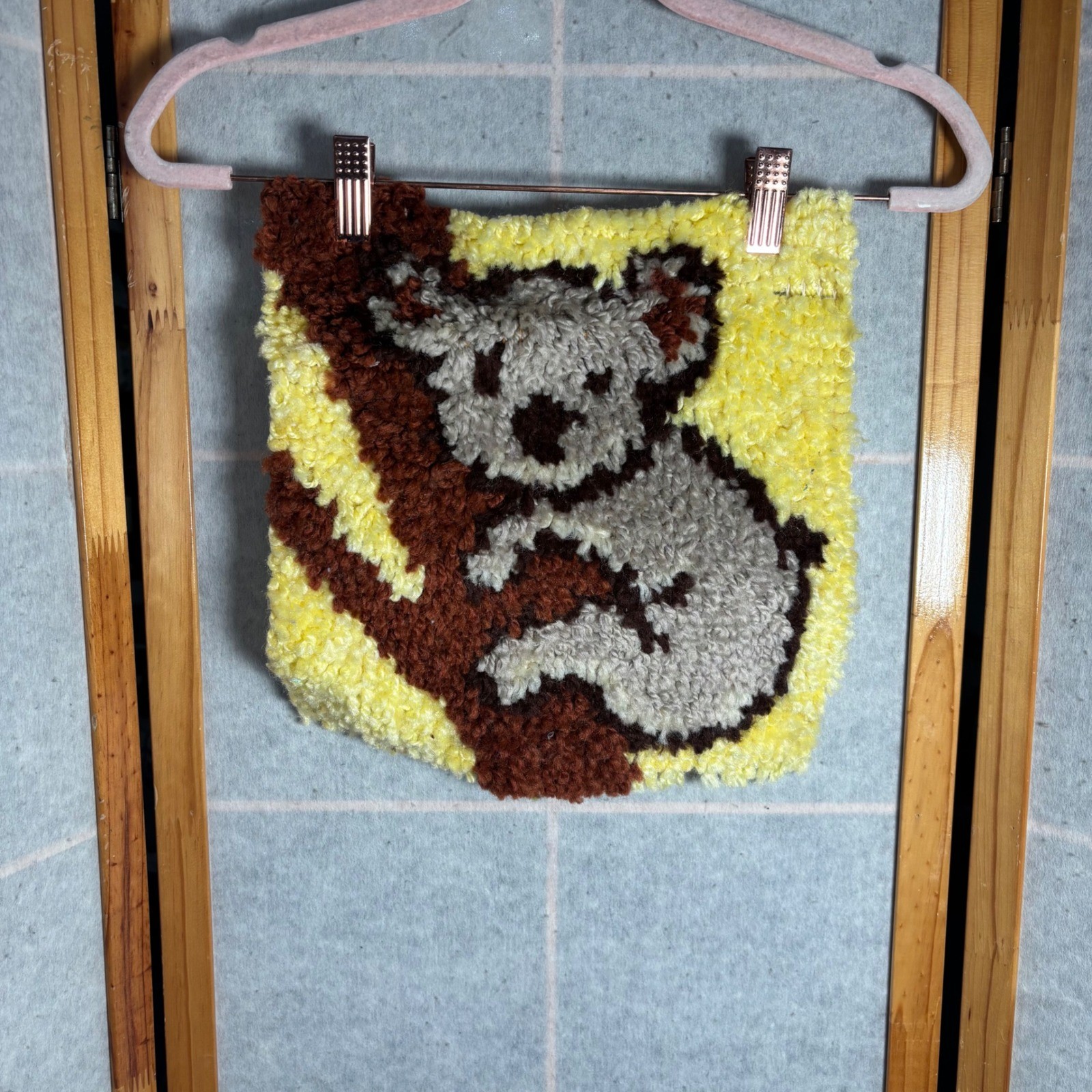 Handmade Koala Latch Hook Wall Hanging Textile Art Yellow Brown Pillow