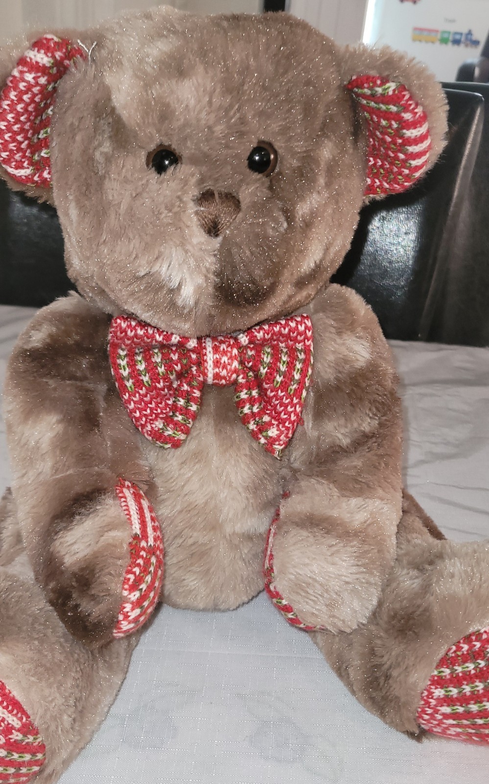 Brown Teddy Bear Plush Knit Bow Ears Paws Stuffed Animal Soft Toy