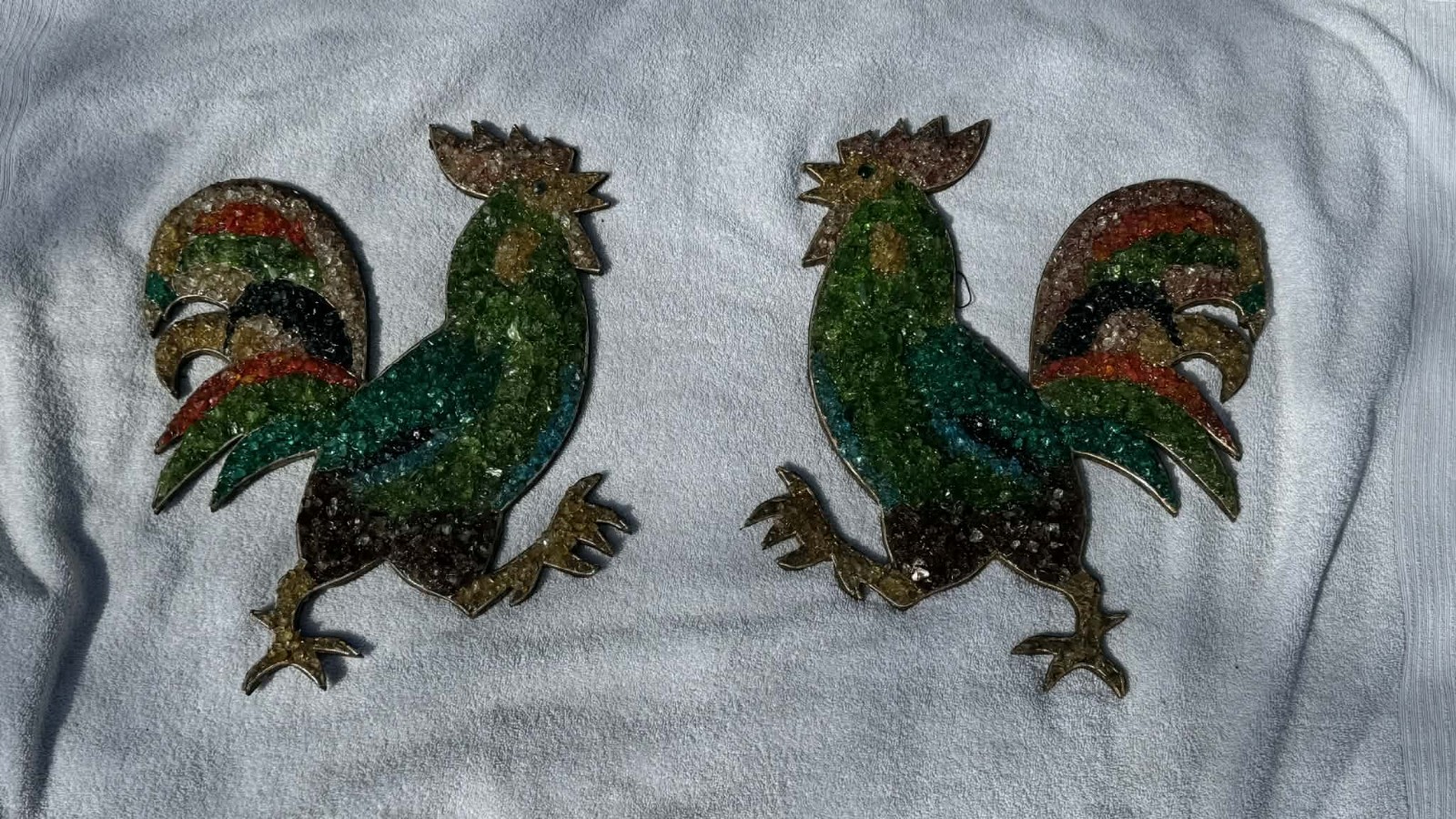 Vintage 1960's Mosaic Jeweled/Grave Art Rooster Set