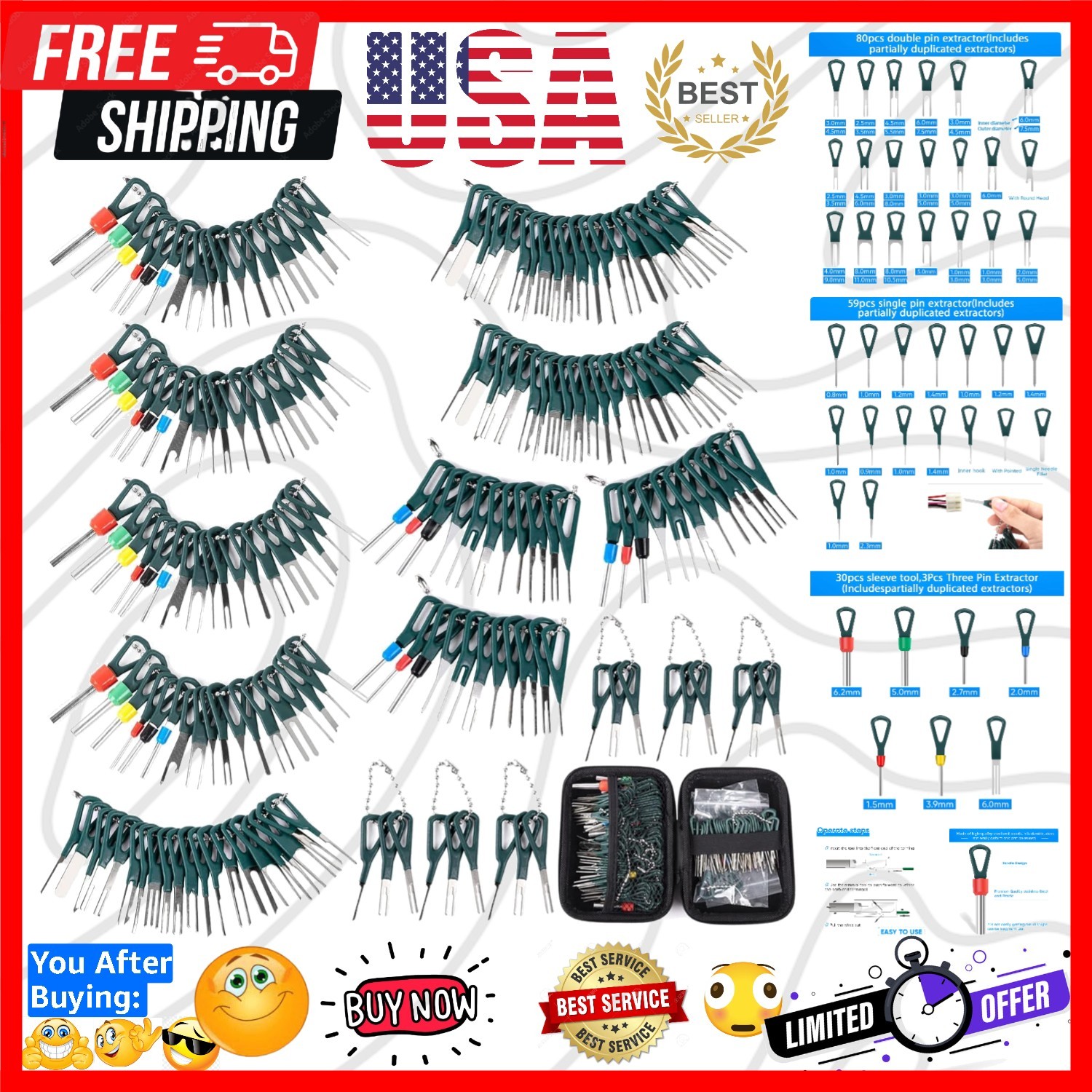 Kit 172 Pcs Depinning Tool Electrical Connector Pin Removal Tool Kit Pin Extr...