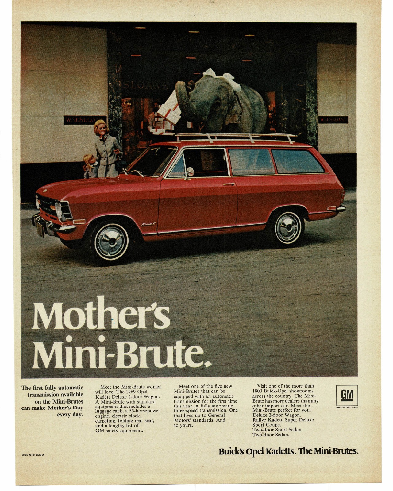 1969 Buick Opel Kadett Wagon Vintage Print Ad Mini-Brute Compact Elephant