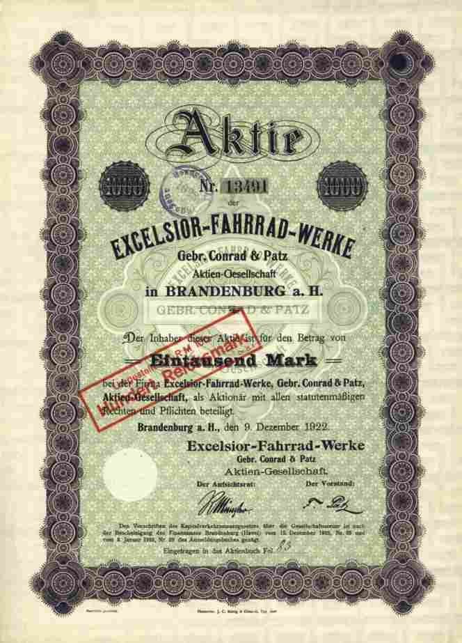 Excelsior Bicycle Works Used Conrad Patz 1922 Brandenburg Havel Motorcycle 1000 M