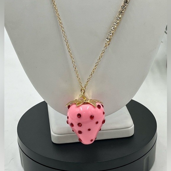 Betsy Johnson Pink Strawberry Red Rhinestone Baby Cakes Necklace Gold Tone New
