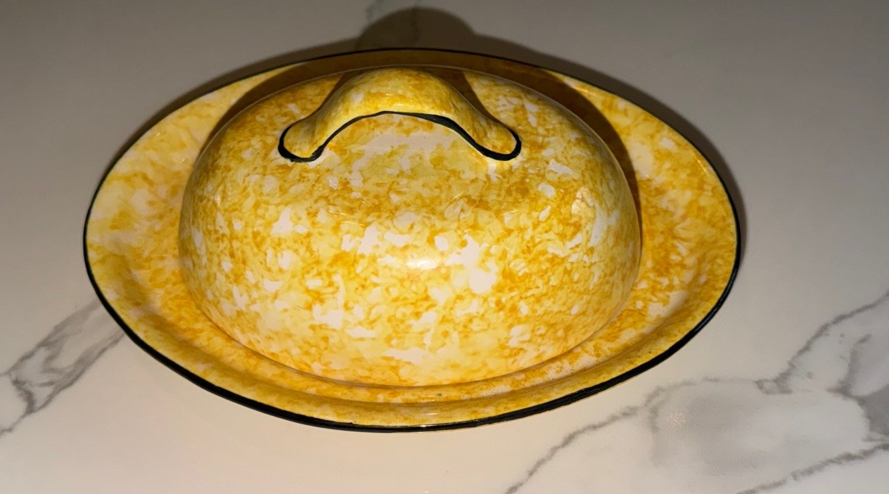 Stangl Pottery Hand Painted Butter Dish w/Lid Town & Country Yellow Sponged Rare