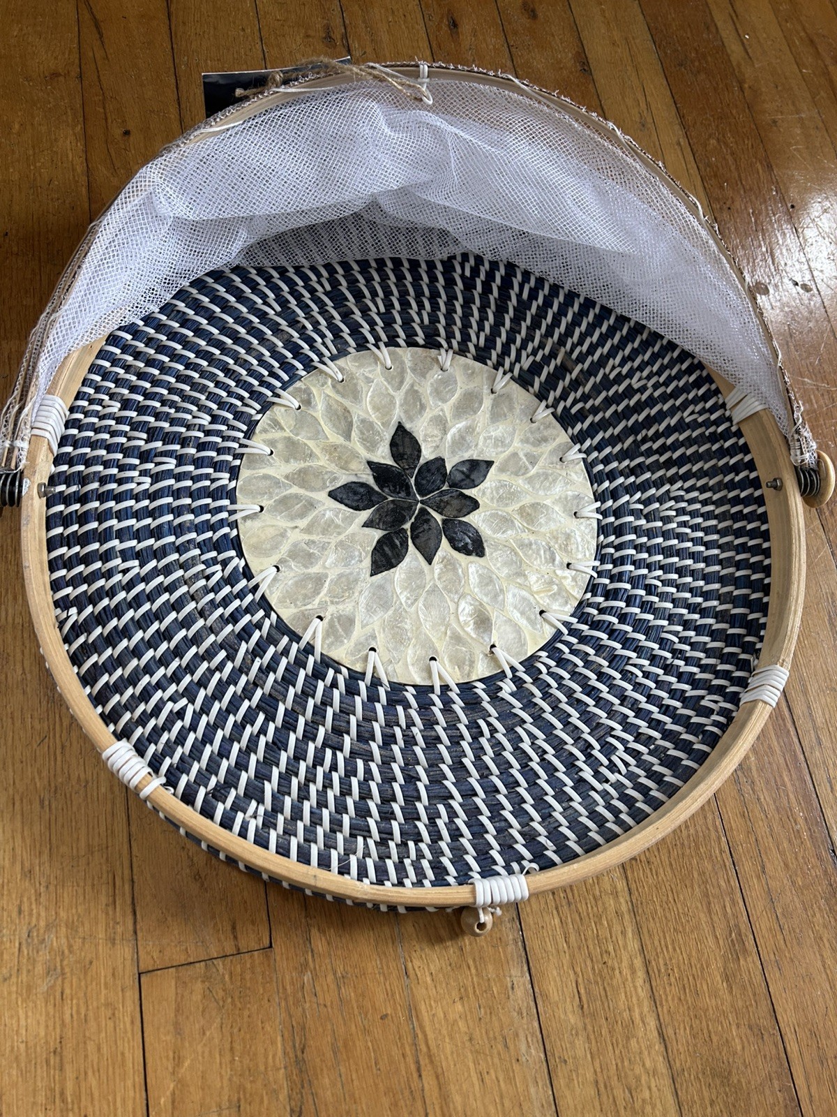 Handmade NWT rattan and bamboo with mother-of-pearl food serving tent basket 15”