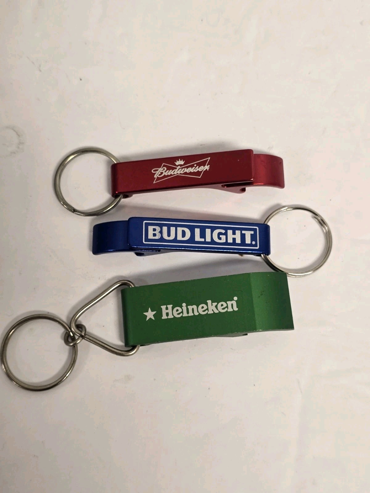 3 Beer Brand Bottle Openers Aluminum Budweiser, BUD Light, Heineken Key Chains