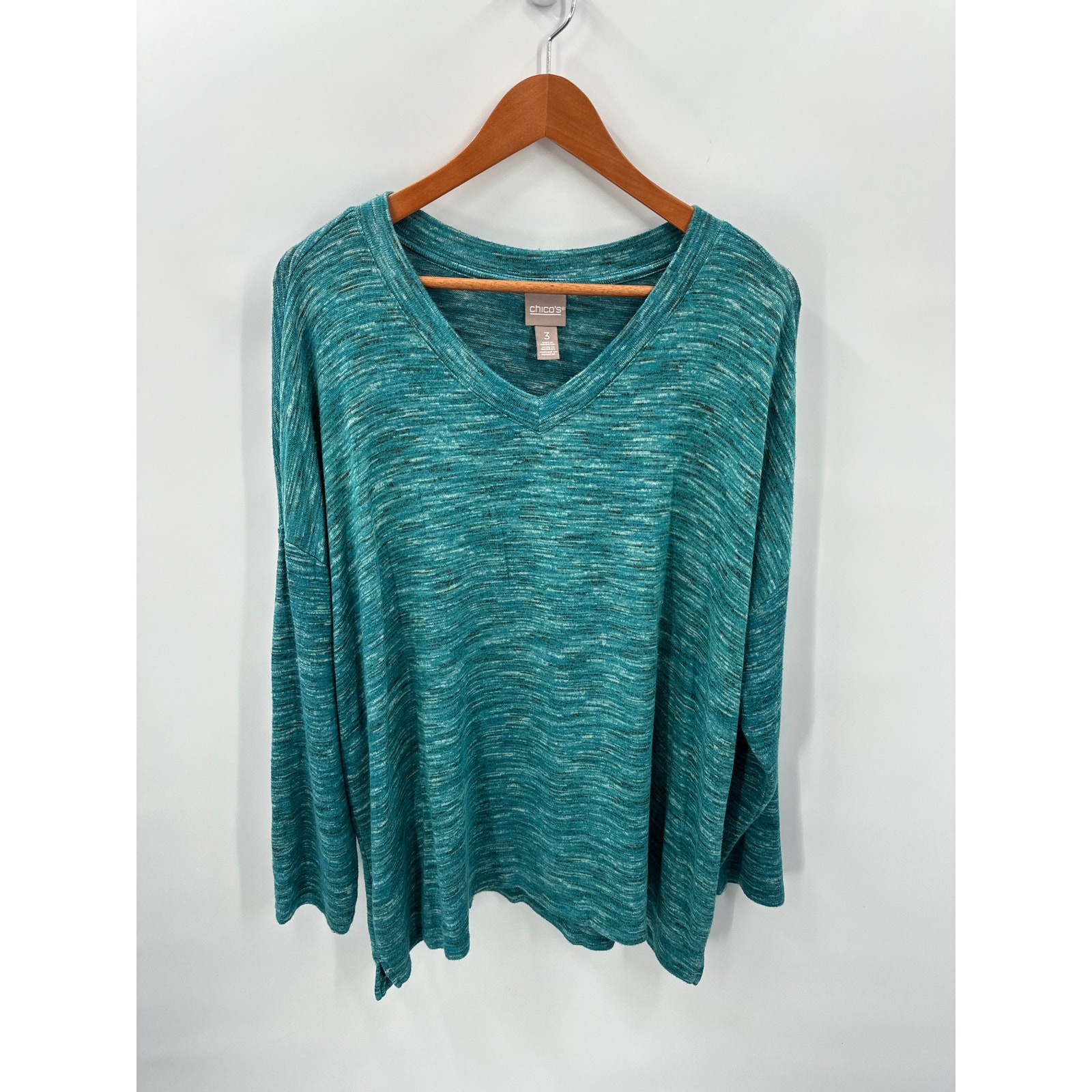 CHICO'S Heathered Teal V-Neck Sweater // XL