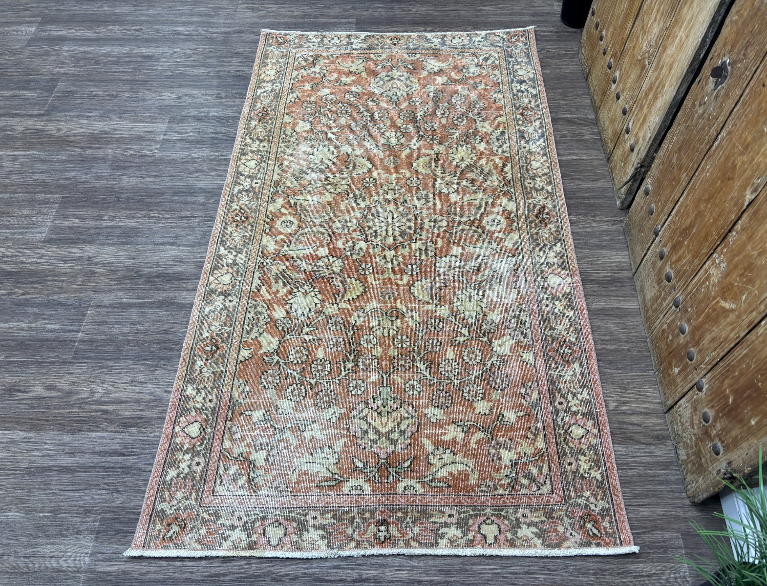 4x6 Terracotta Vintage Turkish Living Room Area Rug, Hand-Knotted Wool Rug