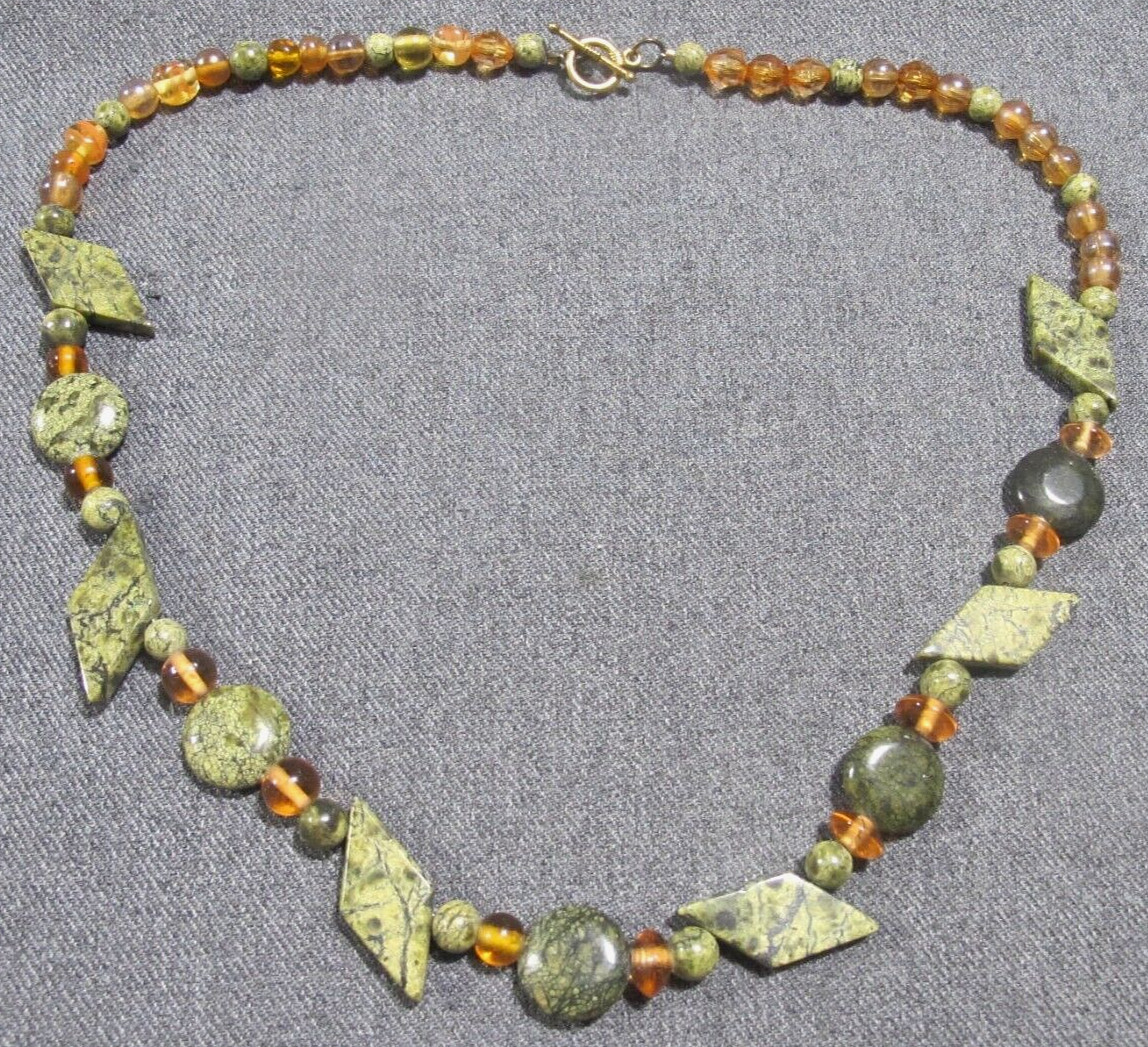 Vintage marbled green stone & amber color glass and plastic beaded necklace