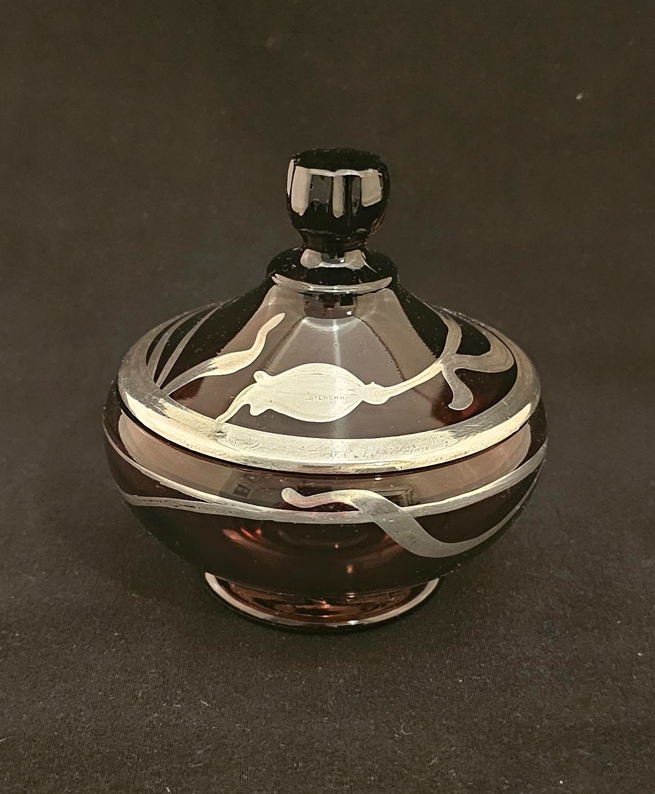 Cambridge Glass Co. #581 Mulberry Powder Puff Box and Cover silver overlay