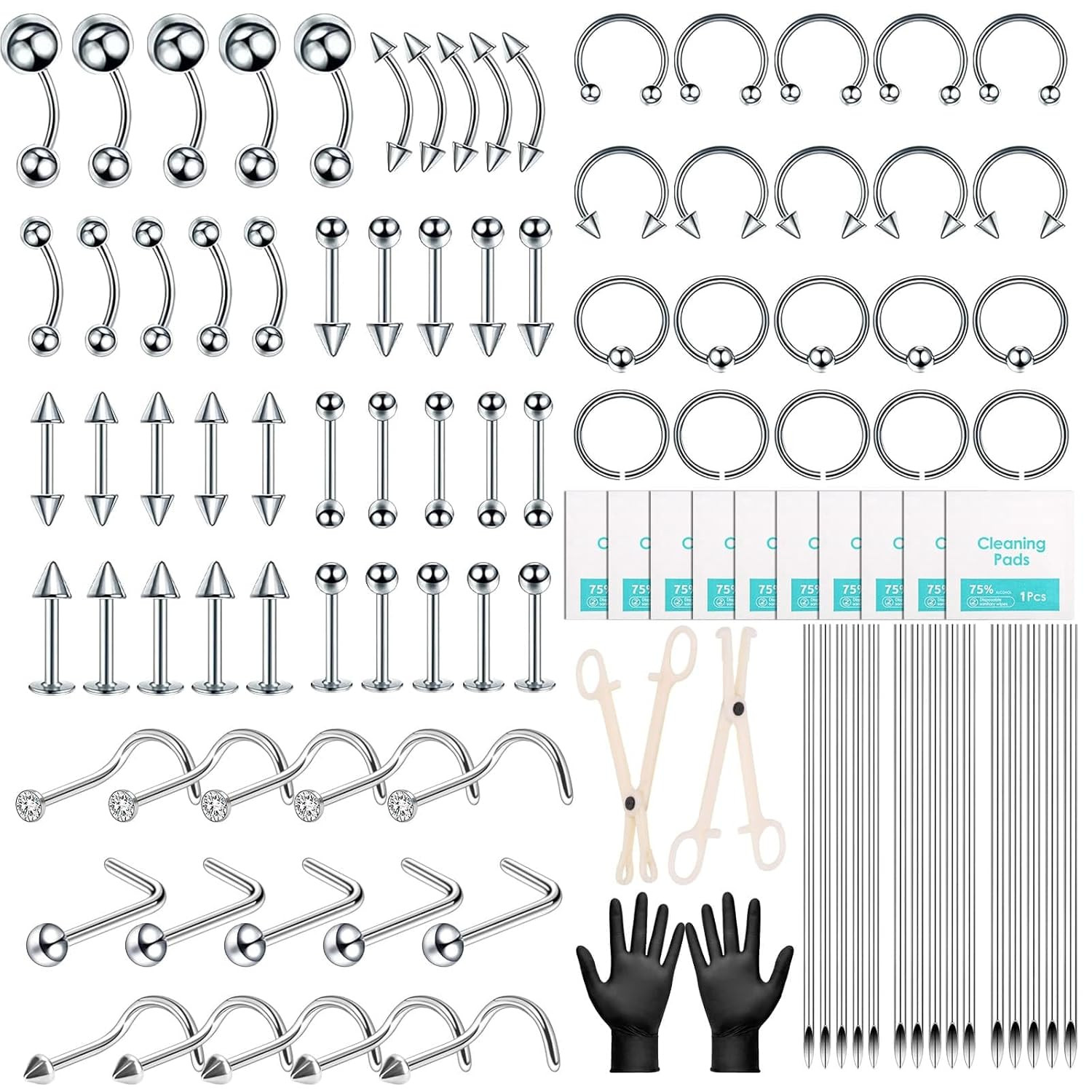 104PCS Body Septum Piercing Kit with 14G/16G/20G Needles Silver