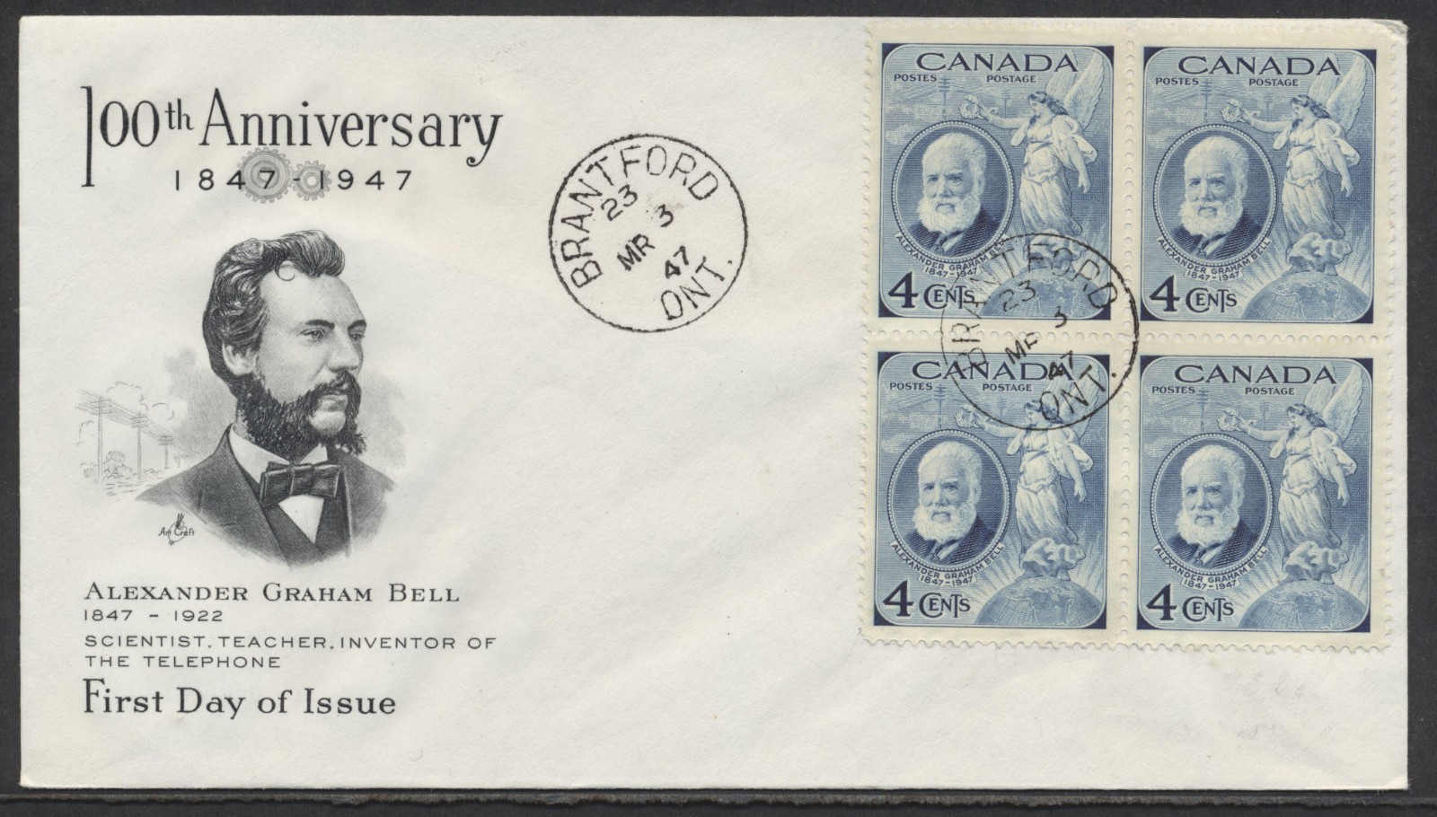1947 #274 Alexander Graham Bell FDC Block Art Craft Cachet Brantford
