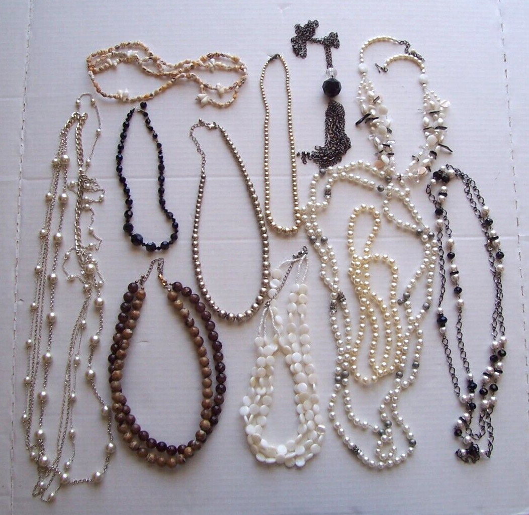 12 Wearable Necklaces Beads Pearls Rhinestones Shells Crafts Some Vintage