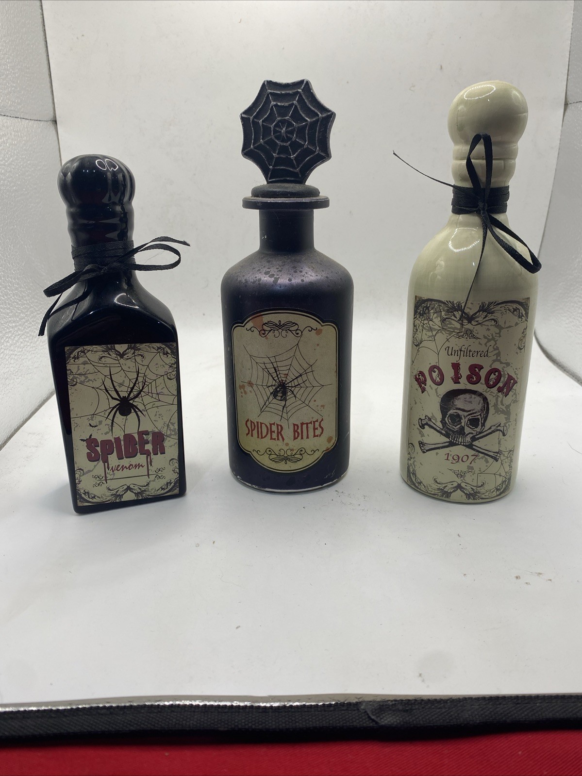 Set Of 3 Glass Vintage Halloween Poison Bottles, Decor