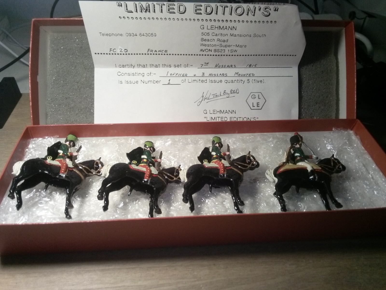 G Lehmann boxed ltd edition mounted lead soldiers, French 7th Hussars, 1815