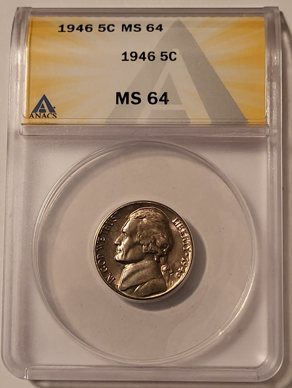 1946 Jefferson Nickel MS64 ANACS Toning