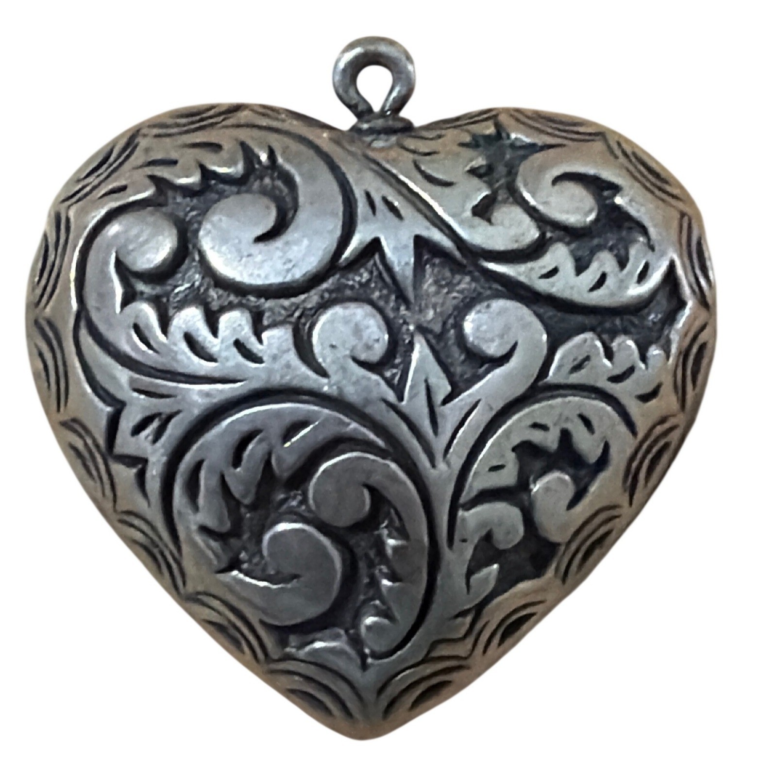Ornate Silver Tone Heart Pendant Charm Filigree Scrollwork Vintage Style Artsy
