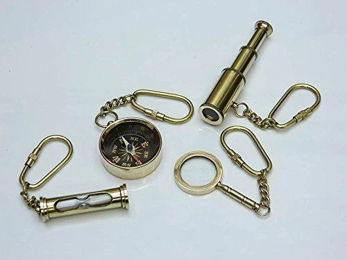 Brass key chain set of 4 compass telescope sand timer Magnifying A lovely gift